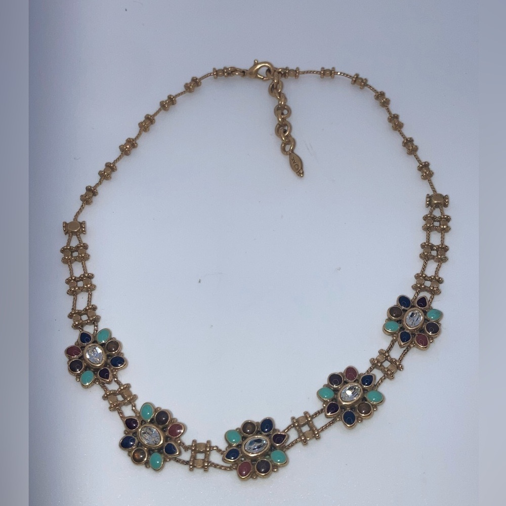 Vtg 80s AK Anne Klein Flower Cabochon Rhinestone Brass Metal Necklace 16” + 1.5” - Picture 3 of 10